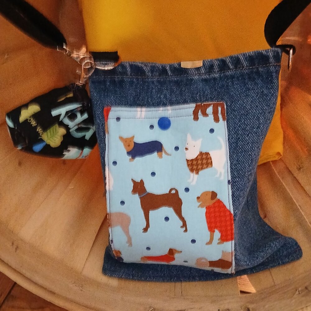 DENIM DOGGY WALKING, WATER BOTTLE, DOGGY POOP BAGS, WITH TREAT HOLDER - Picture 2 of 4